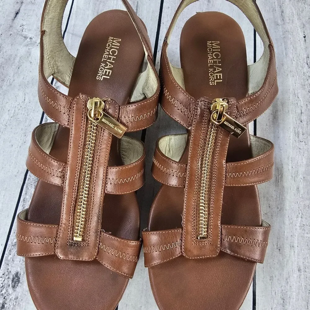 Michael Kors Berkley T- Strap Tan Leather Wedge Sandals
